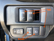 Load image into Gallery viewer, Installed comparison showing short vs tall switches - Cali Raised LEDToyota OEM Style &quot;BACKUP LIGHTS&quot; Switch